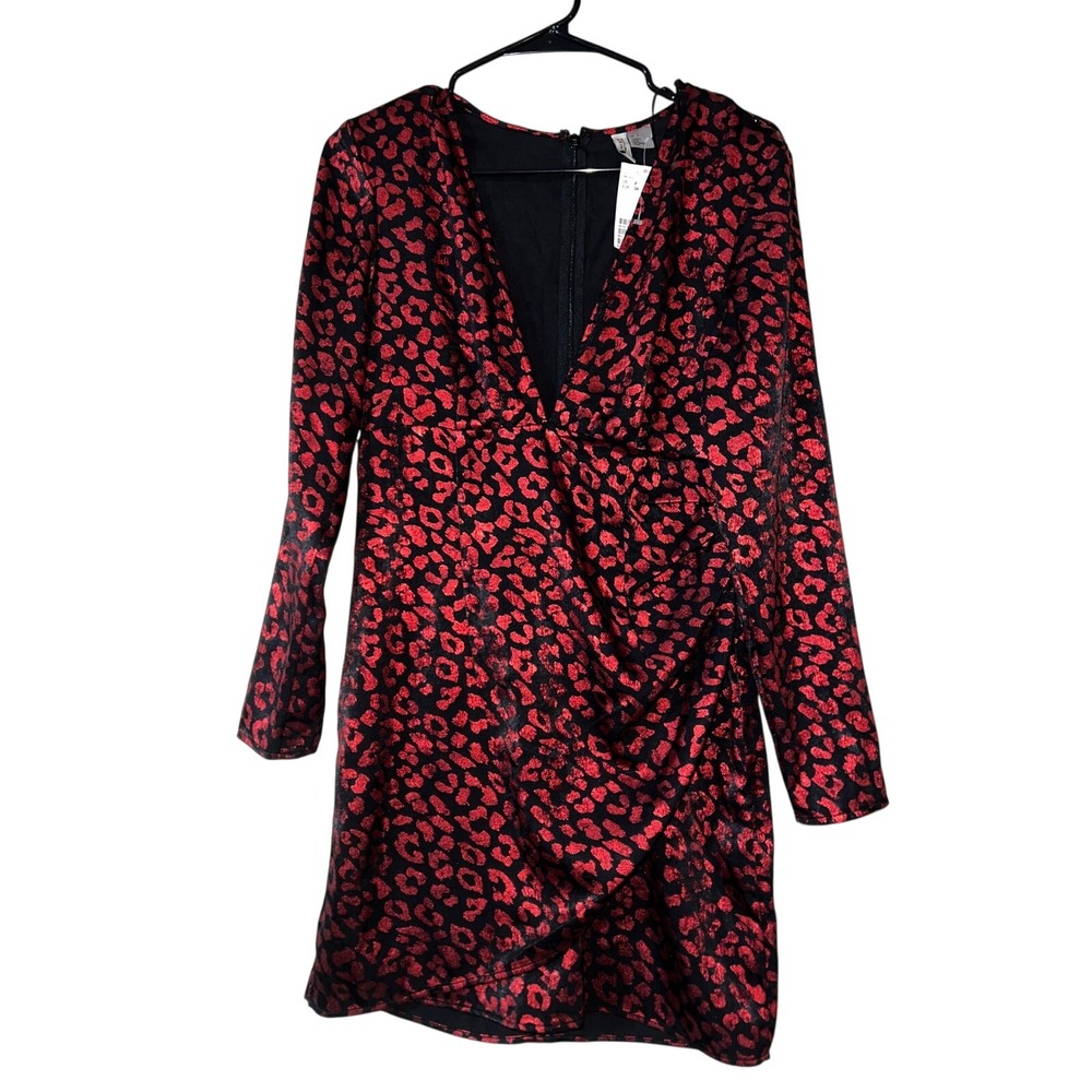 H&M Divided Red Metallic Leopard Print Ruched V-Neck Mini Dress Long Sleeve 6
